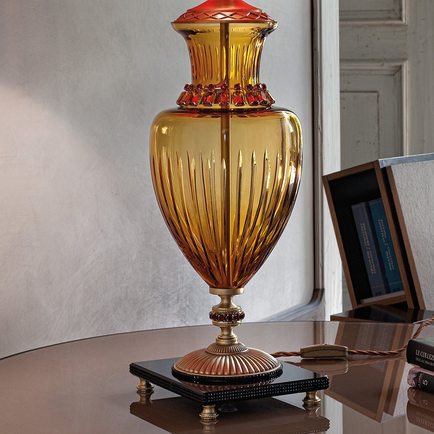 Classic Amber Glass Table Lamp With Ruby Stones