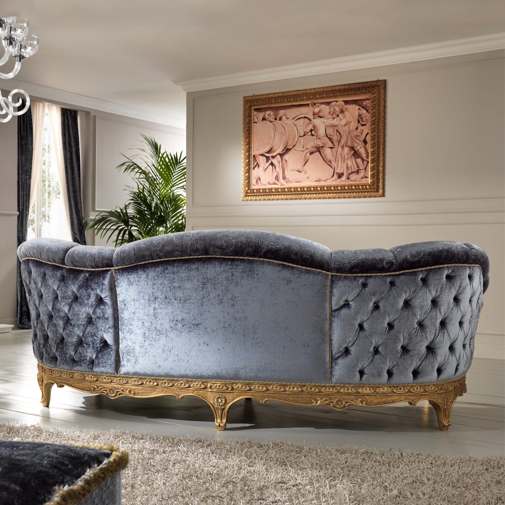 Classic Curved Blue Velvet Upholstered Sofa