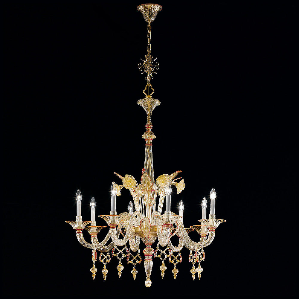 Classic Ornate Gold And Red Glass Chandelier