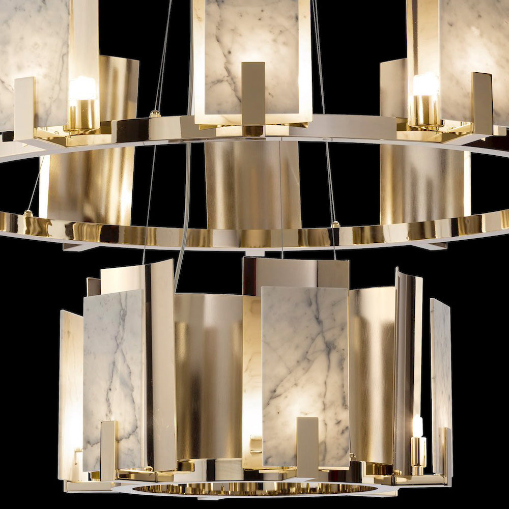 Contemporary Brass And White Carrara Marble Tiered Chandelier