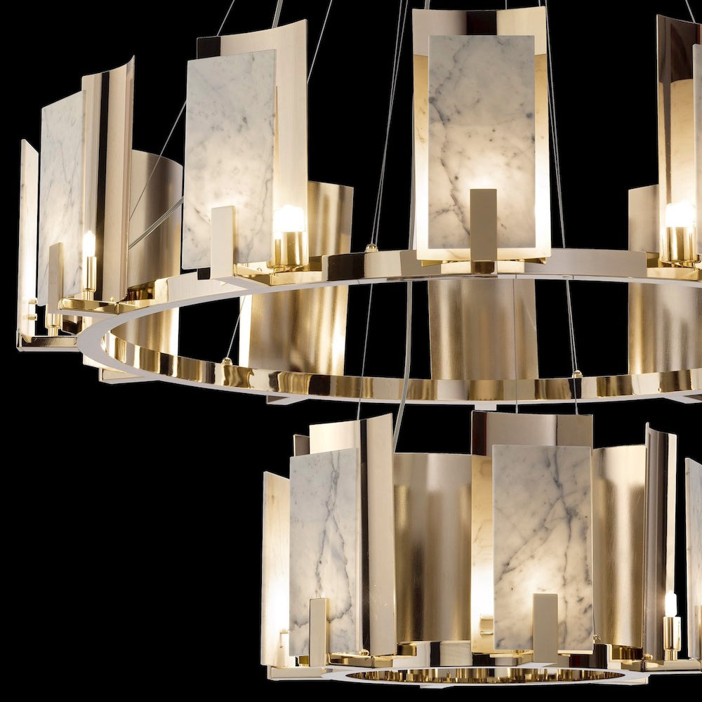 Contemporary Brass And White Carrara Marble Tiered Chandelier