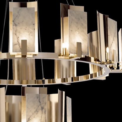 Contemporary Brass And White Carrara Marble Tiered Chandelier