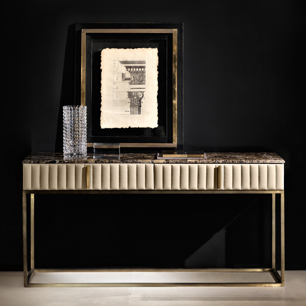 Contemporary Italian Leather Designer Marble Console Table