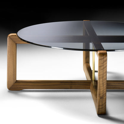 Contemporary Walnut Round Glass Coffee Table