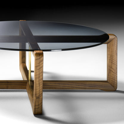 Contemporary Walnut Round Glass Coffee Table