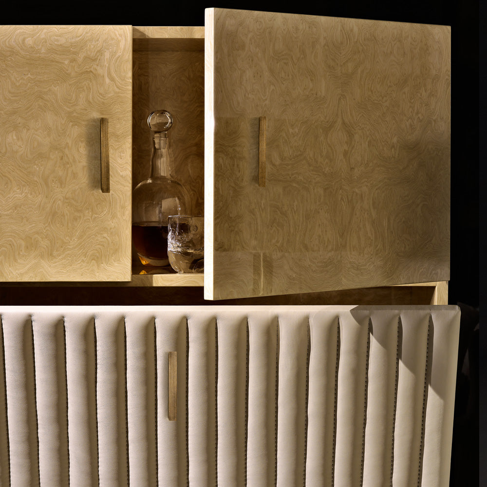 Designer Italian Leather And Burl Veneer Cocktail Cabinet