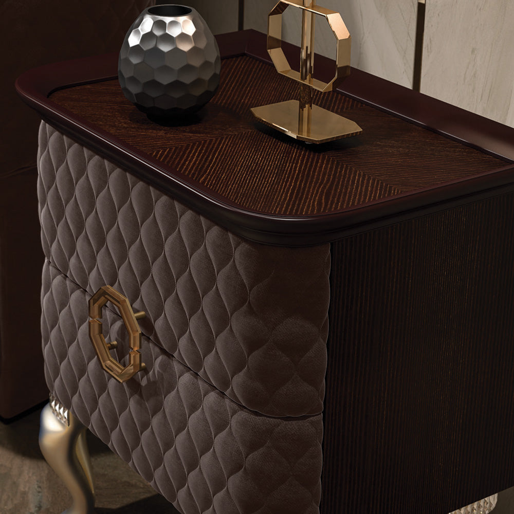 Designer Italian Quilted Bedside Cabinet With Crystal Details