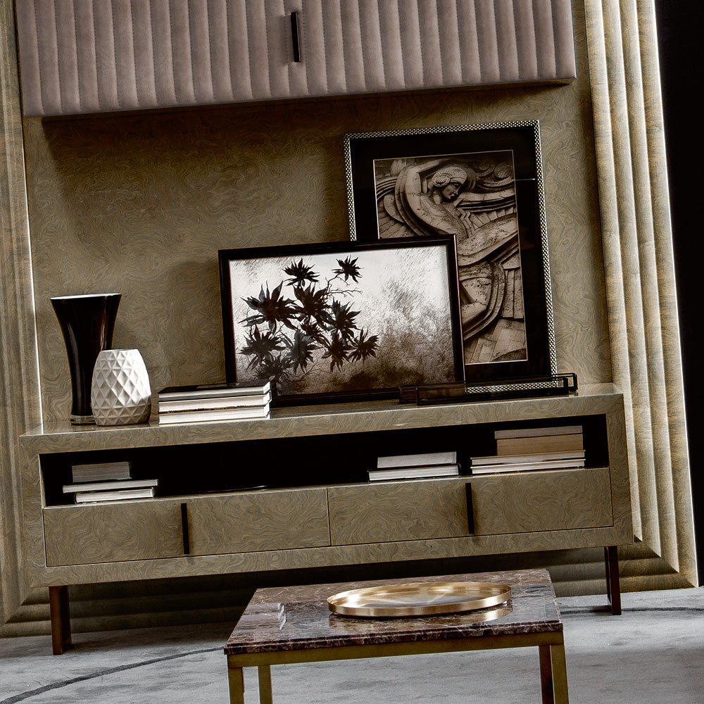 Designer Italian Suede And Grey Burl TV Wall Unit