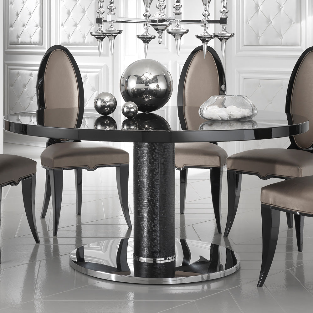 Designer Leather Round Black Lacquered Dining Table