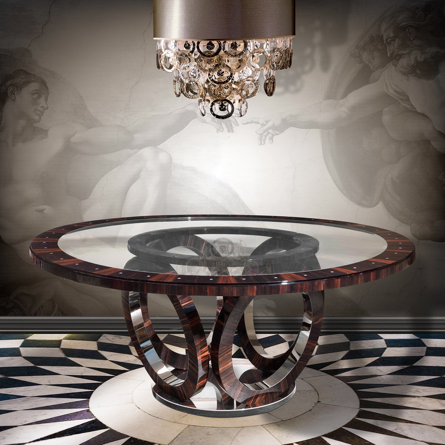 Ebony Macassar Veneer Round Glass Dining Table