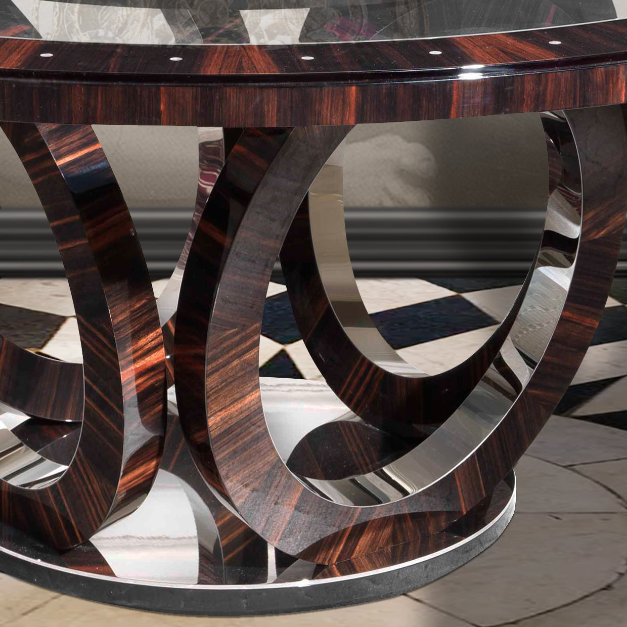 Ebony Macassar Veneer Round Glass Dining Table