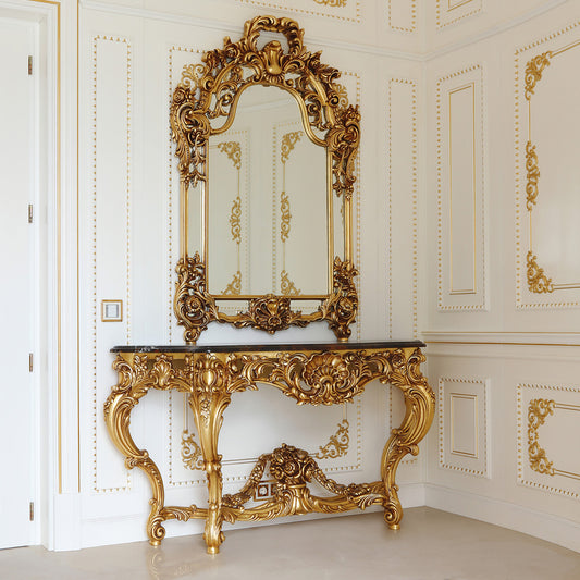 Elegant Italian Baroque Antique Gold Console And Mirror