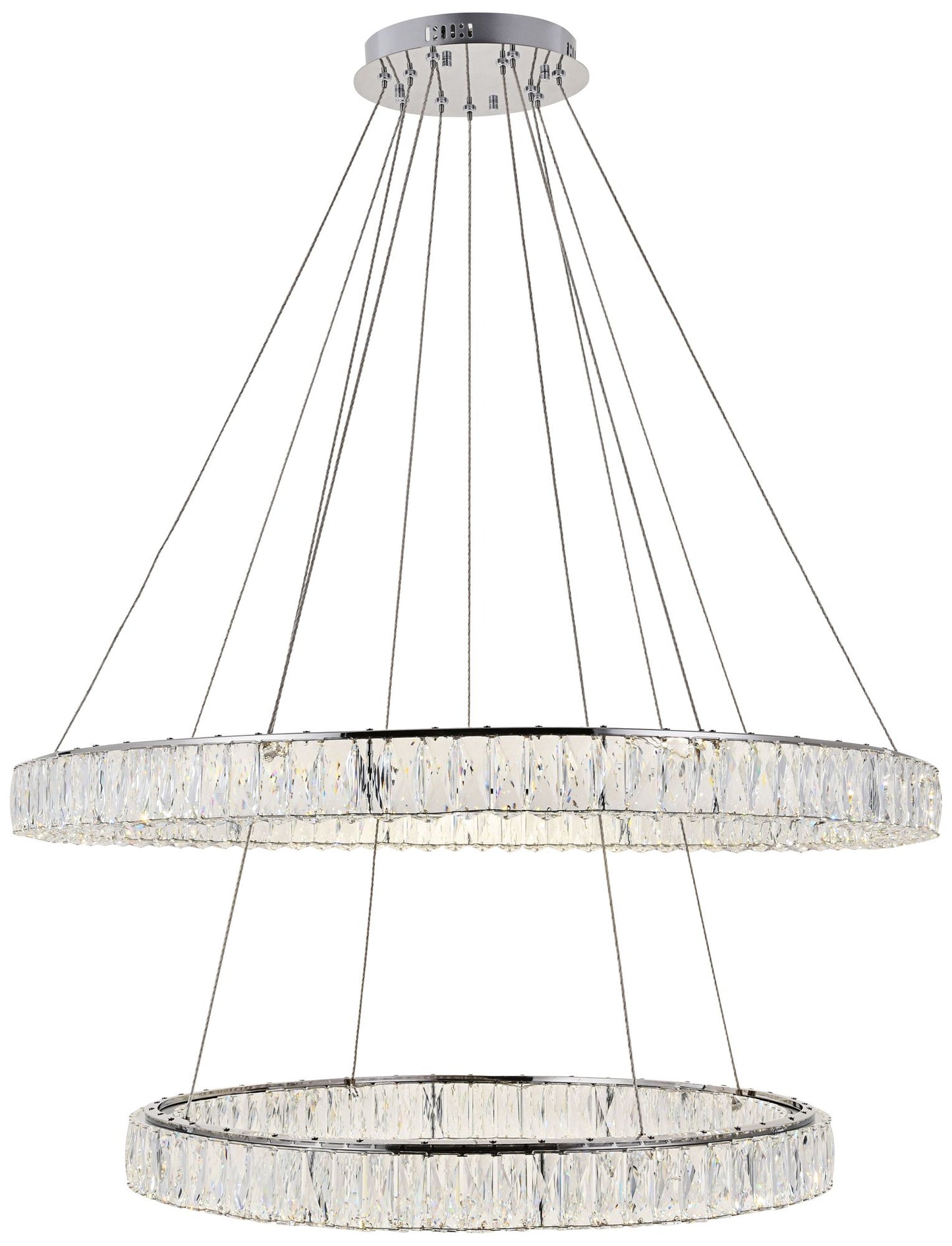 Elegant Monroe 42" Chrome 2-Tier Modern Crystal Ring LED Chandelier