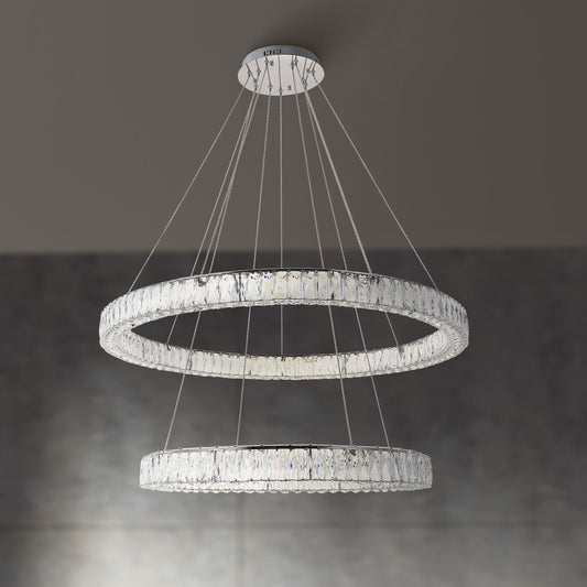 Elegant Monroe 42" Chrome 2-Tier Modern Crystal Ring LED Chandelier