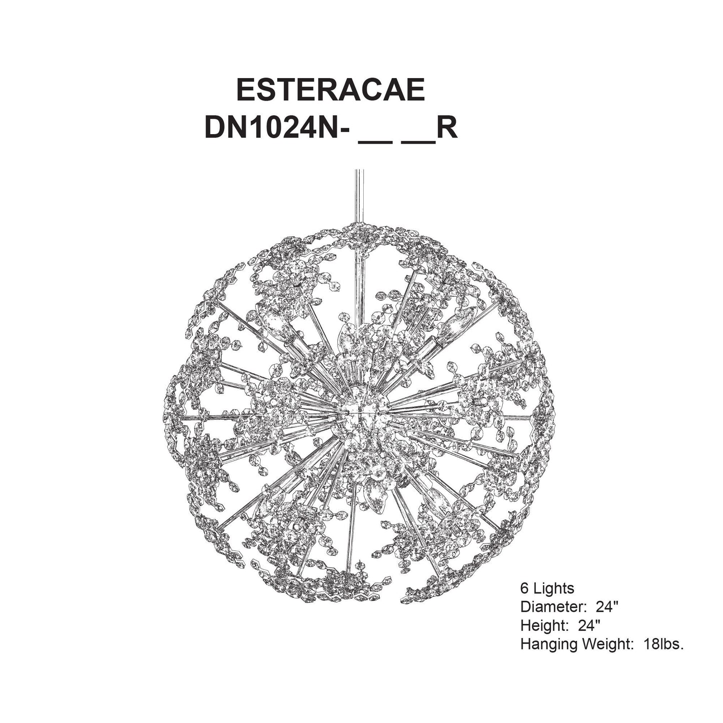 Esteracae 24"H x 24"W 6-Light Crystal Pendant in Antique Silver