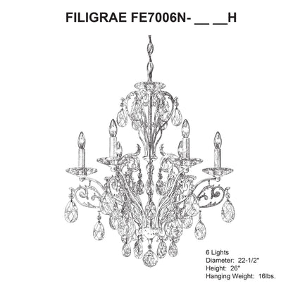 Filigrae 26"H x 22.5"W 6-Light Crystal Chandelier in Heirloom Bro