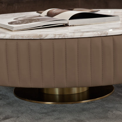 Italian Leather Upholstered Round Marble Coffee Table