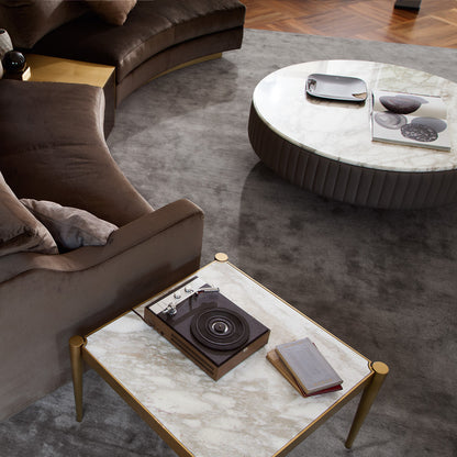 Italian Leather Upholstered Round Marble Coffee Table