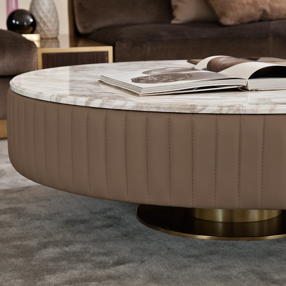 Italian Leather Upholstered Round Marble Coffee Table