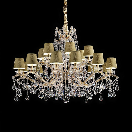 Italian Crystal Chandelier With Gold Damask Shades