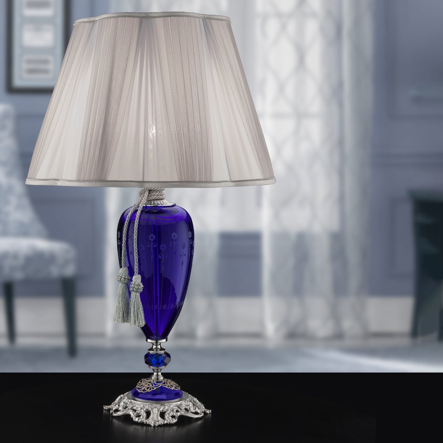 Large Blue Hand Blown Glass Table Lamp