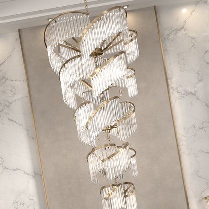 Large Modern Tiered Spiral Glass Stairwell Chandelier