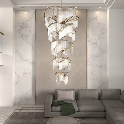 Large Modern Tiered Spiral Glass Stairwell Chandelier