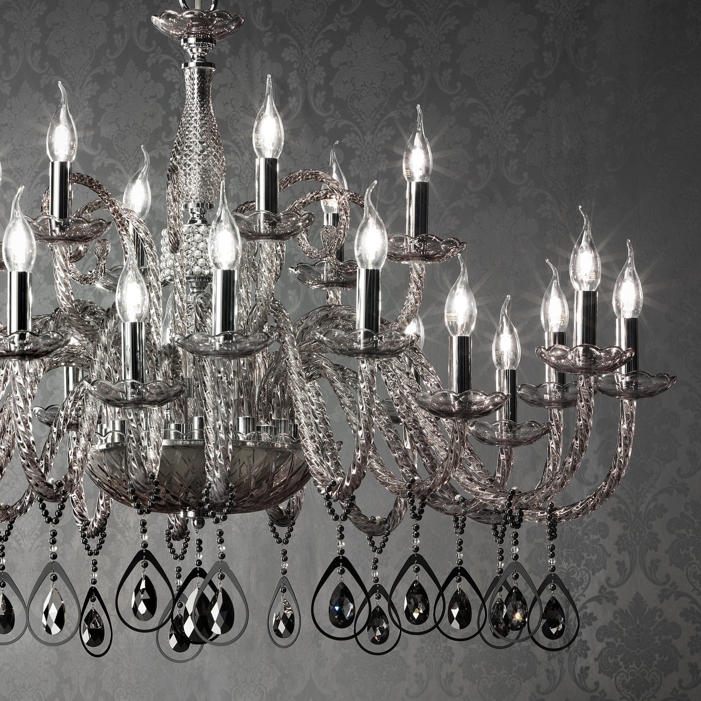 Large Smoked Glass Chandelier With Pendant Drops