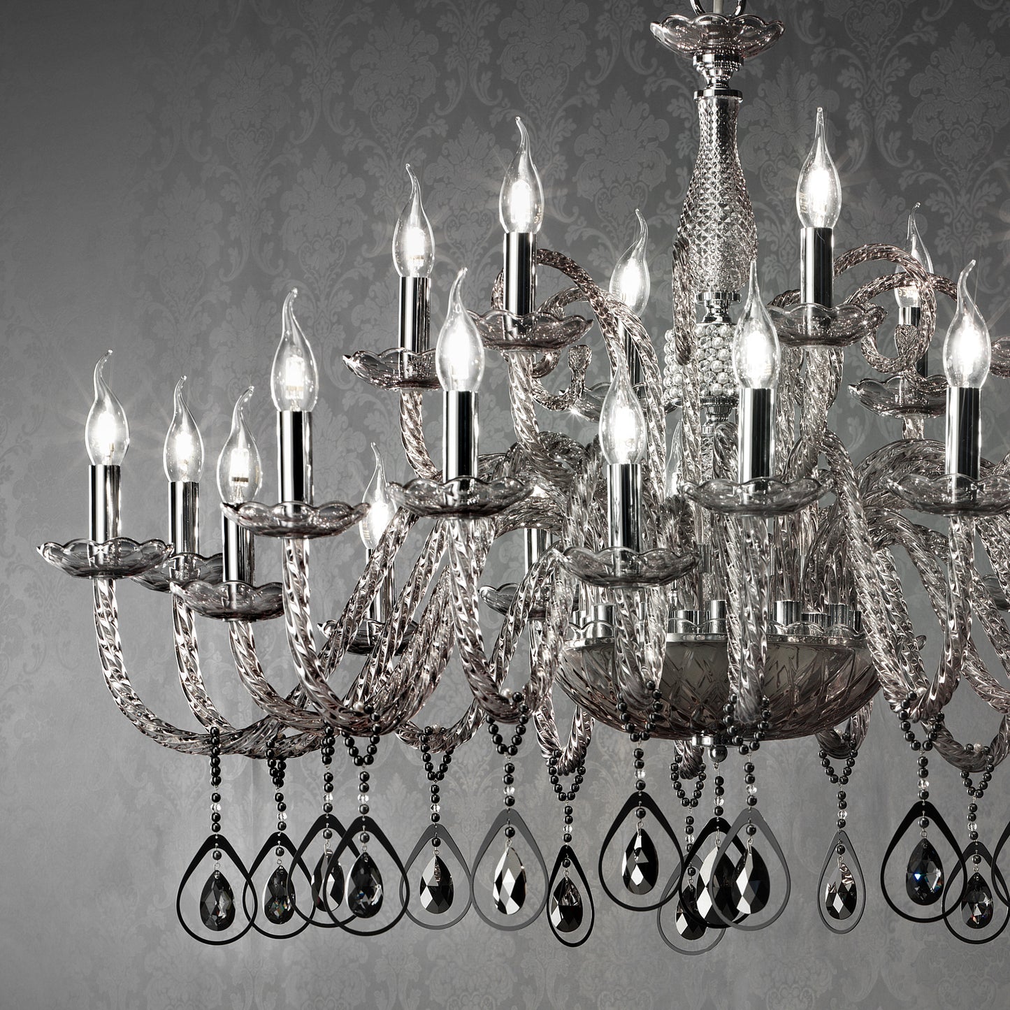 Large Smoked Glass Chandelier With Pendant Drops