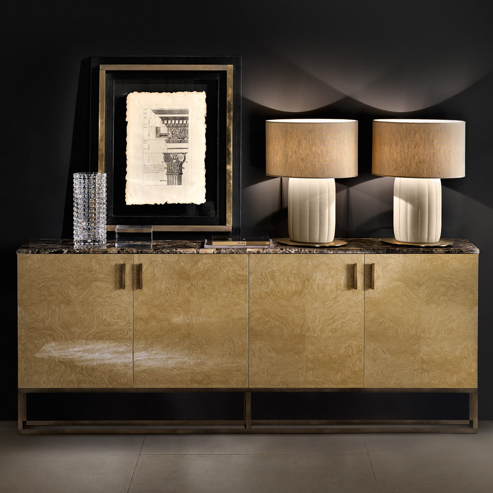 Marble And Burl Veneer Designer Italian Sideboard