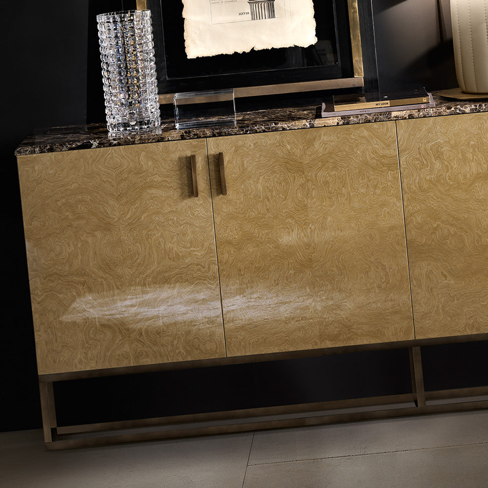 Marble And Burl Veneer Designer Italian Sideboard