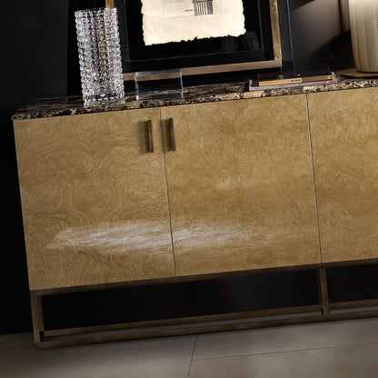 Marble And Burl Veneer Designer Italian Sideboard