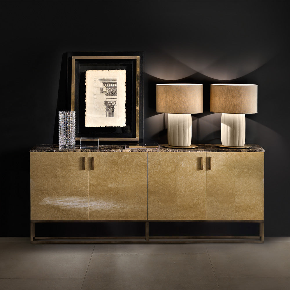 Marble And Burl Veneer Designer Italian Sideboard