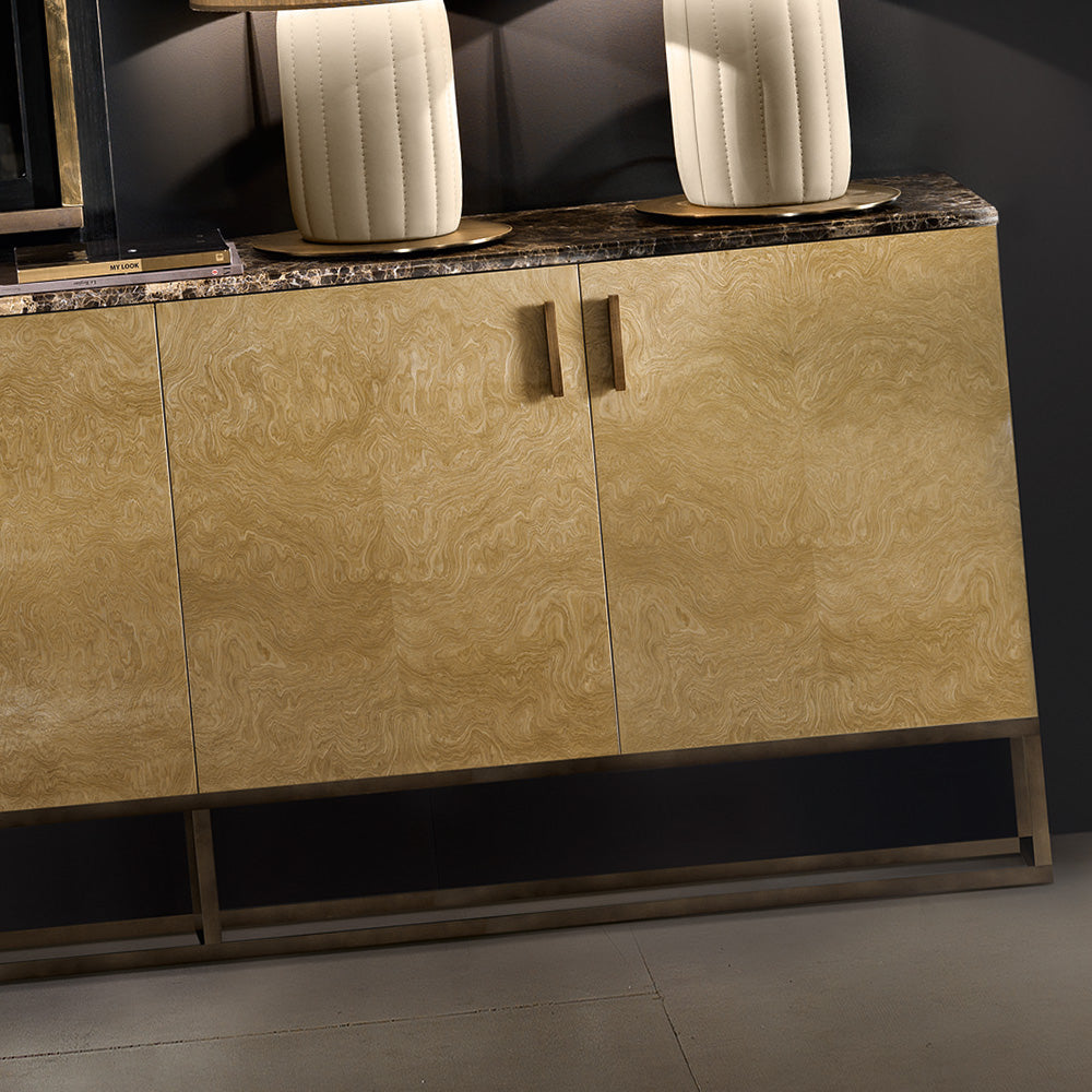 Marble And Burl Veneer Designer Italian Sideboard