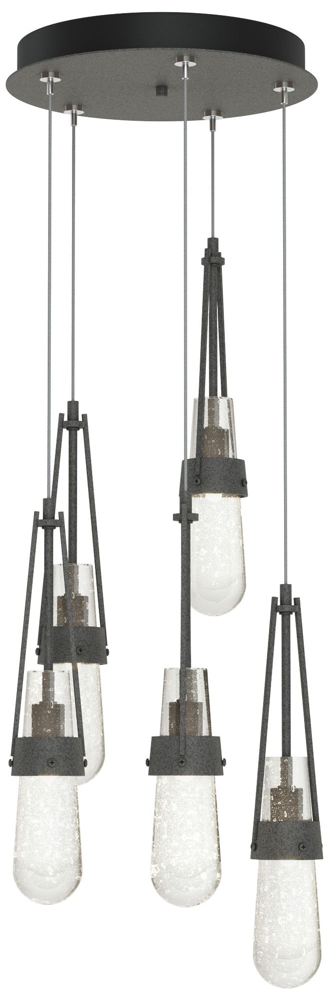 Link 13" Wide 5-Light Natural Iron Long Pendant w/ Clear Bubble Glass