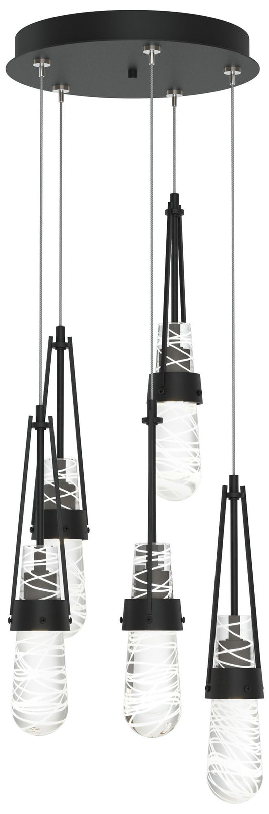 Link 13"W 5-Light Black Long Pendant w/ Clear White Threaded Glass Sha