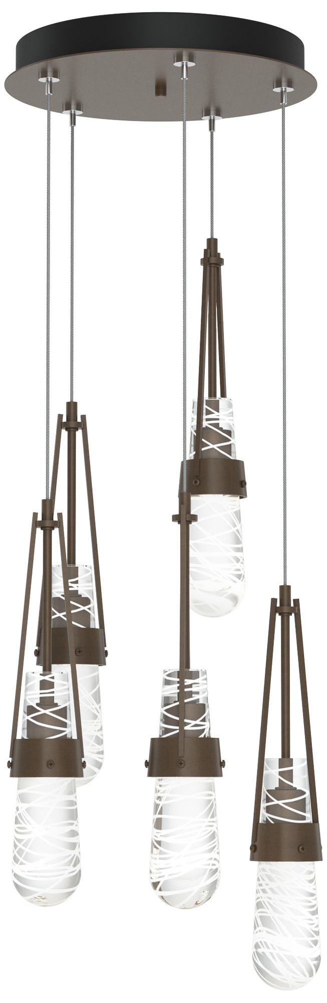 Link 13"W 5-Light Bronze Long Pendant w/ Clear White Threaded Glass Sh