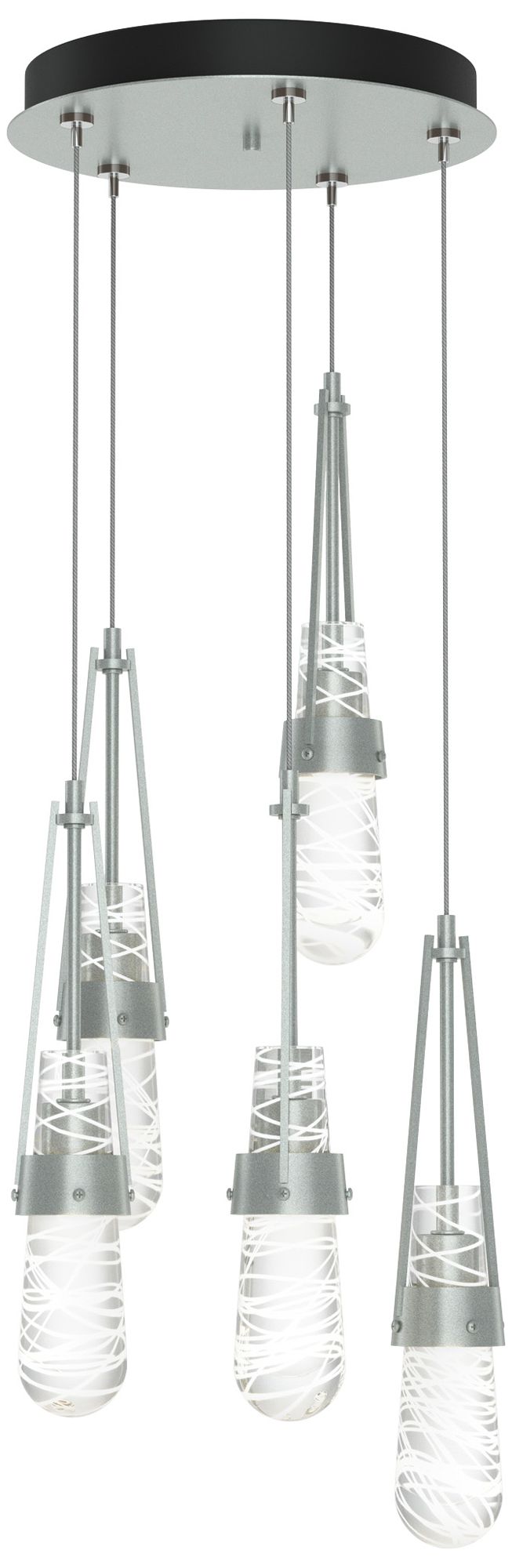 Link 13"W 5-Light Platinum Long Pendant w/ Clear White Threaded Glass