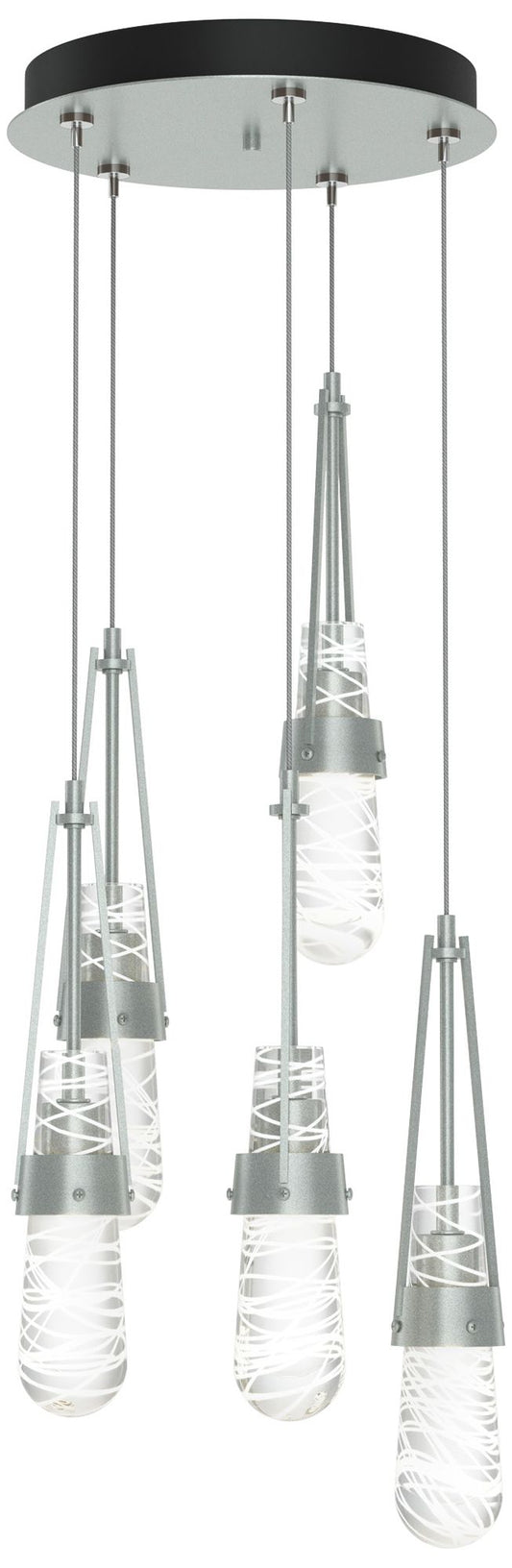 Link 13"W 5-Light Platinum Long Pendant w/ Clear White Threaded Glass