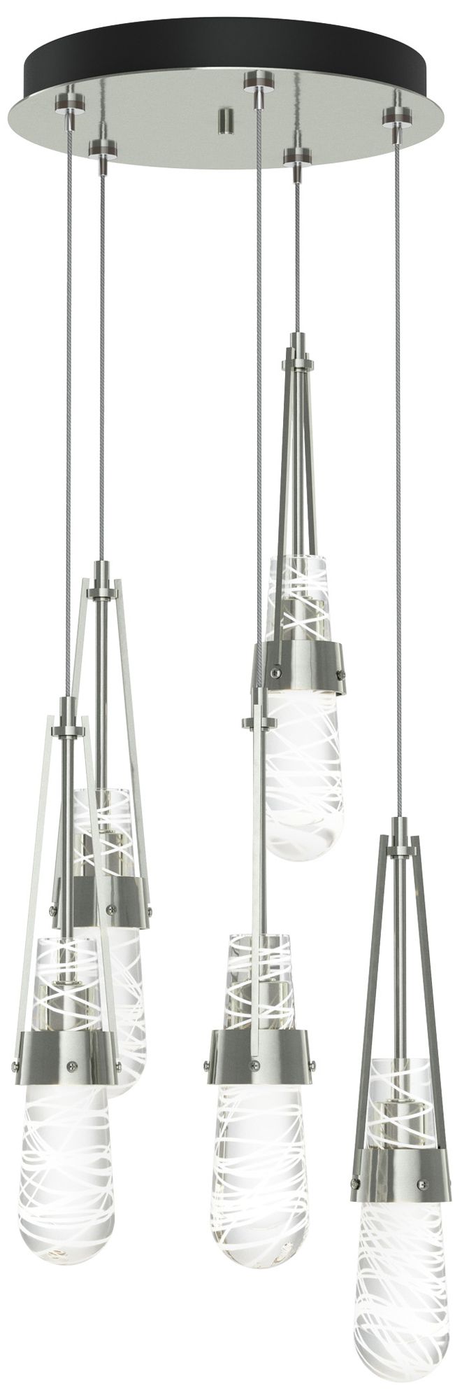 Link 13"W 5-Light Sterling Long Pendant w/ Clear White Threaded Glass