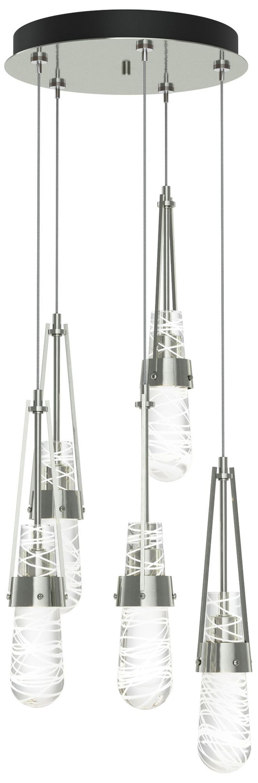 Link 13"W 5-Light Sterling Long Pendant w/ Clear White Threaded Glass