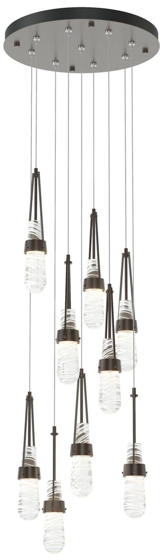 Link 20.5" 9-Light Round Rubbed Bronze Long Pendant w/ Clear Glass 