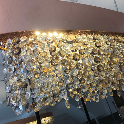 Long Oval Copper Leaf Contemporary Chandelier With Amber Tone Crystals