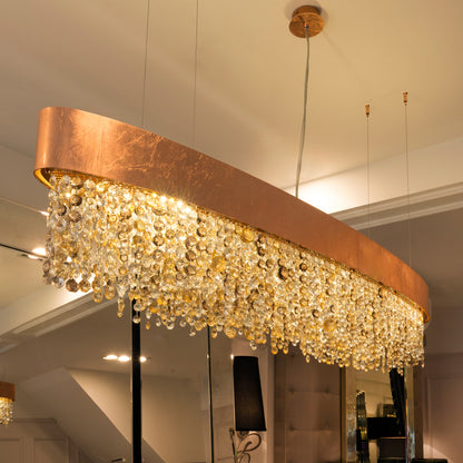 Long Oval Copper Leaf Contemporary Chandelier With Amber Tone Crystals