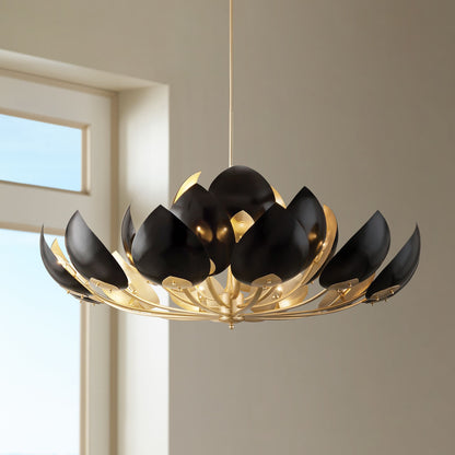 Lotus 21Lt Gold Leaf/Black Chandelier