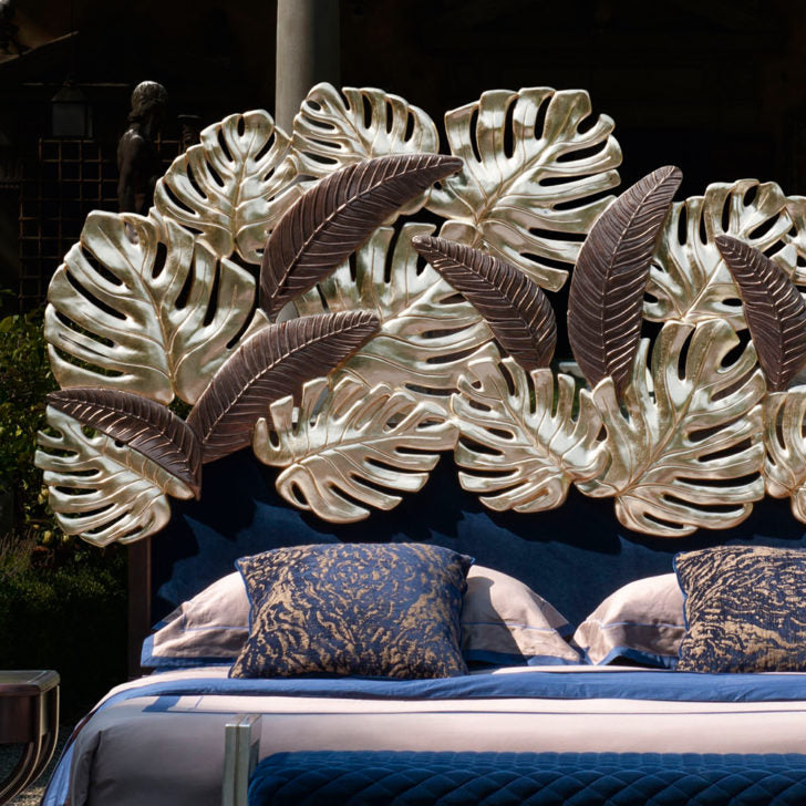 Luxurious Bed With Palm Leaf Design Headboard