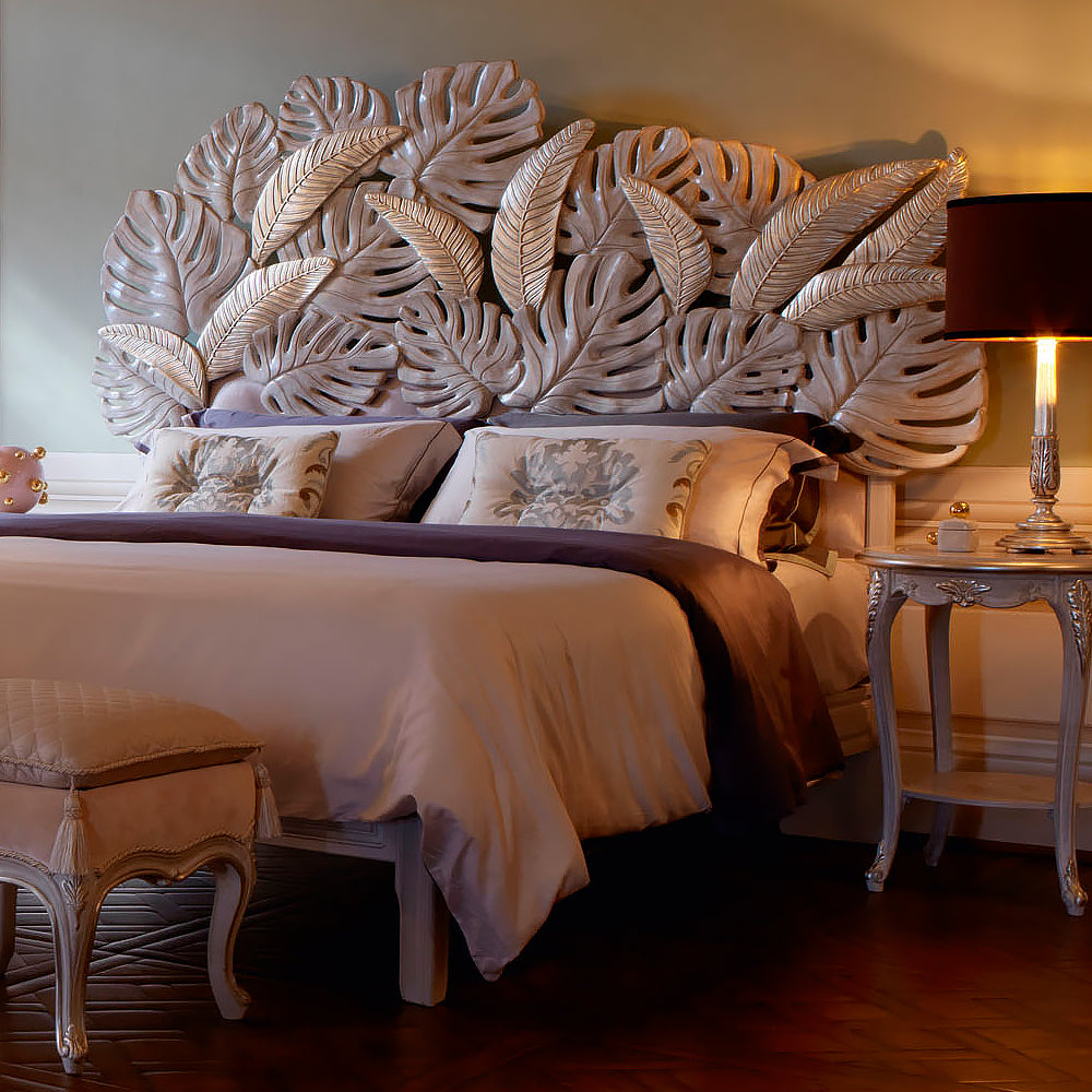 Luxury Bed With Tropical Palm Leaf Headboard