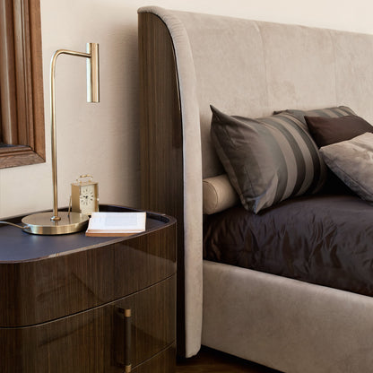 Luxury Designer Italian Leather Bed With Walnut Veneer Headboard