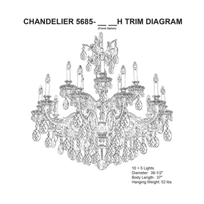 Milano 38"H x 38.5"W 15-Light Crystal Chandelier in Etruscan Gold