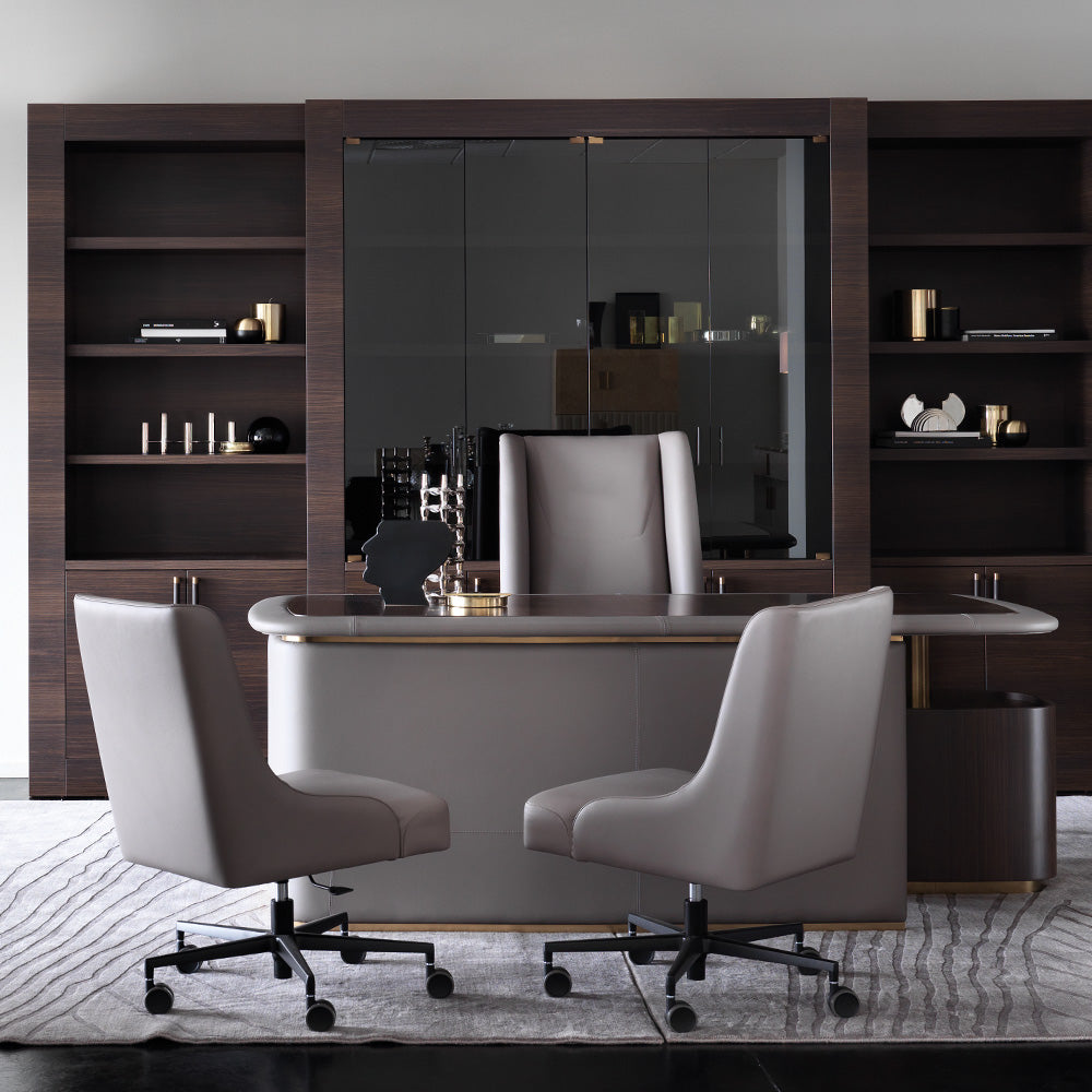 Modern Italian Designer Leather And Walnut Veneer Desk